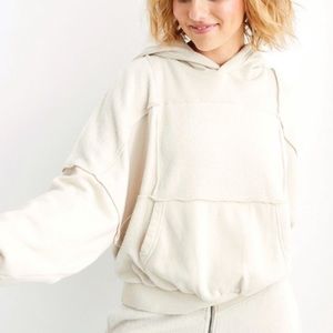 Aerie Sherpa Patchwork Cream Hoodie Size Small